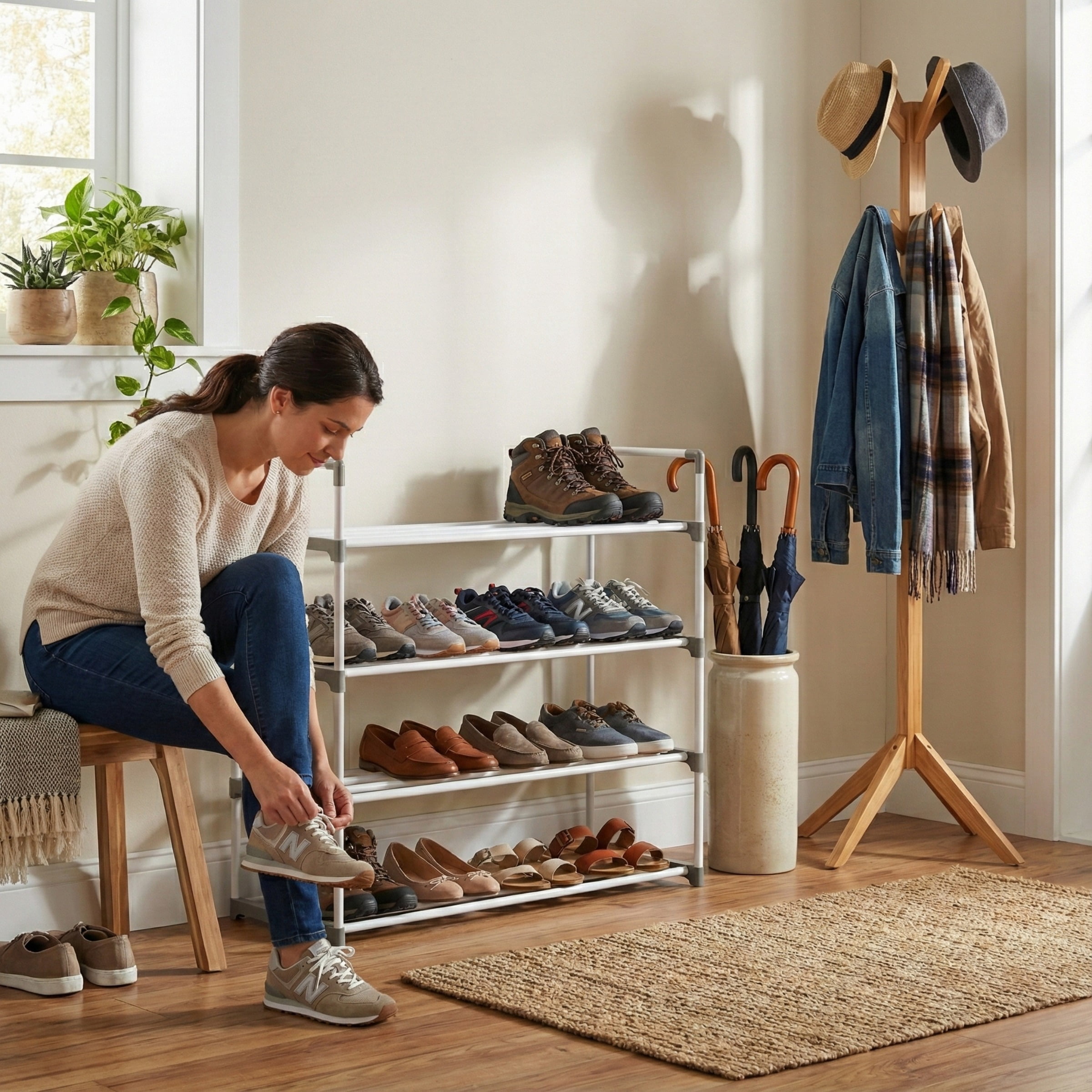 Shoe Rack - 4-Tier Shoe Organizer for Closet, Bathroom, Entryway - Shelf Holds 20 Pairs Sneakers, Heels, Boots by Home-Complete (White)