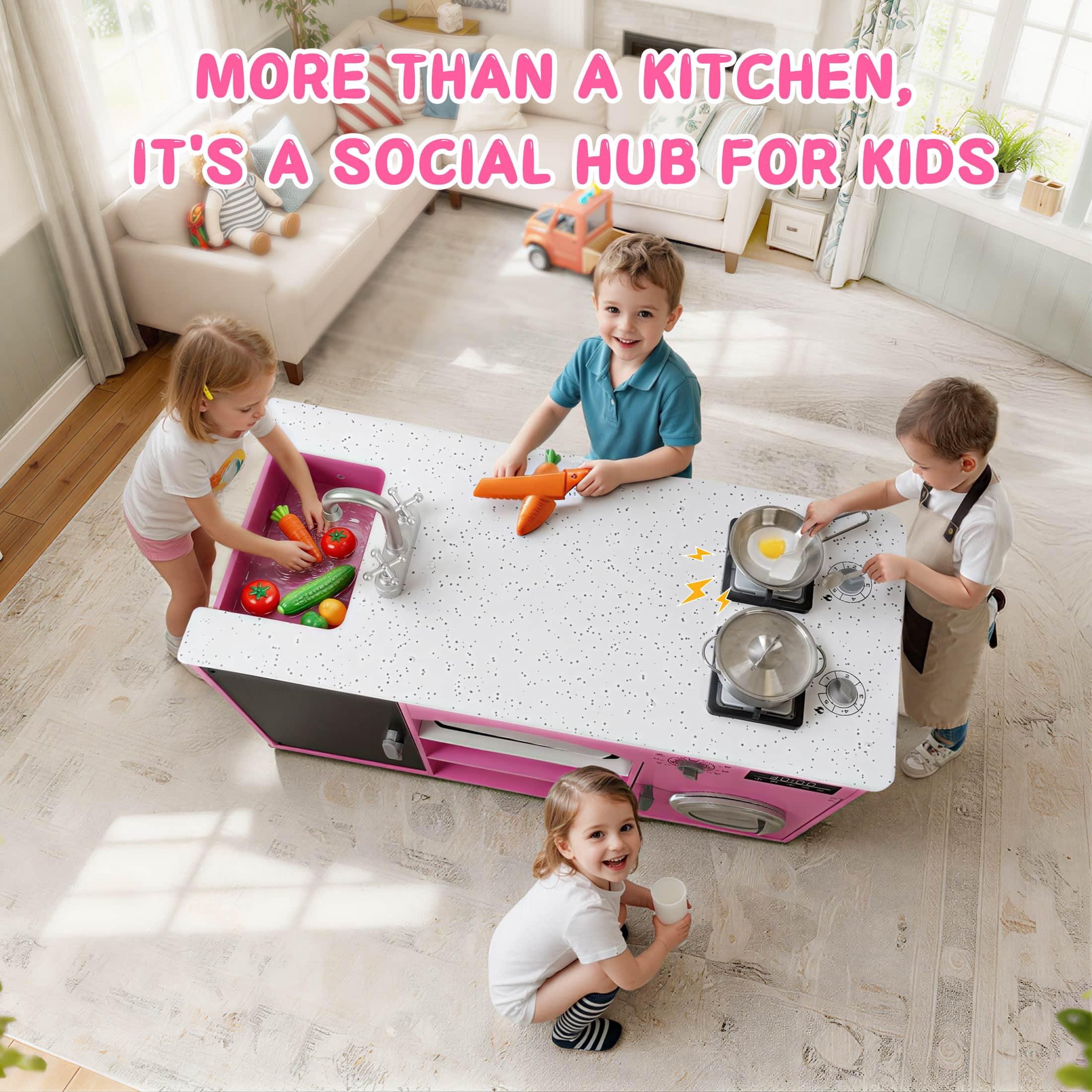 COCLUB Modern Wooden Play Kitchen Island for Kids, Pretend Play Center w/ Electronic Light & Sound Effects, Kids Kitchen Playset | Microwave, Washer, Ice Maker, Chalkboard & Accessories Included