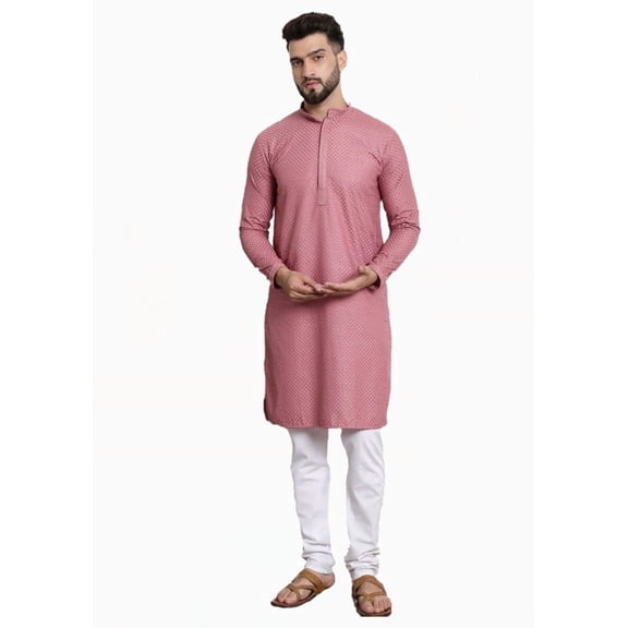 Sojanya (Since 1958) Men'S Cotton Checked Embroidered Coral Kurta With White Churidar Pyjama