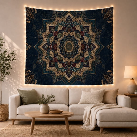 Vintage Lotus Mandala on Dark Teal Field, Serene Boho for Meditation Enthusiasts, Botanical Wall Art, Housewarming Gift, Tapestry Wall Hanging for Bedroom and Living Room