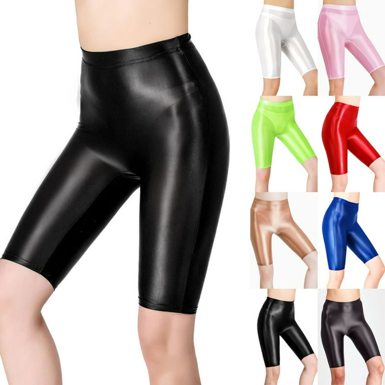 ALSLIAO Women Sexy Sheer Shiny Glossy Wet Soft Stretchy Oil Leggings Yoga  Shorts Pants Red Wine M 