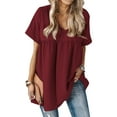 thumbnail image 1 of Women Ruching Stitching V Neck Short Sleeves Solid Color Summer Shirt, 1 of 2