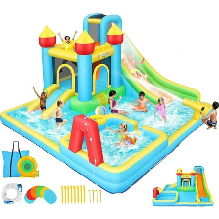 Veeboto 6-in-1 Water Slide with 550W Blower, Inflatable Bounce House with Climbing Wall, 2 Inflatable Slides, Basketball Hoop, Deep Pool, Bounce Zone for Kids, Indoor Backyard Party