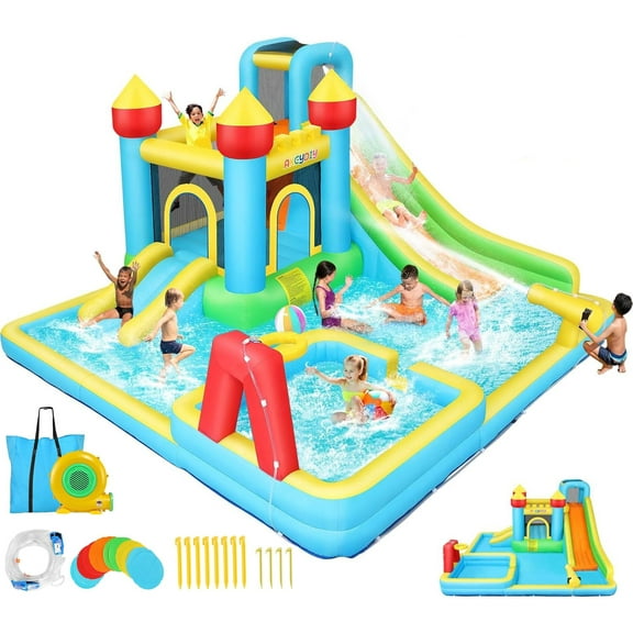 Veeboto 6-in-1 Water Slide with 550W Blower, Inflatable Bounce House with Climbing Wall, 2 Inflatable Slides, Basketball Hoop, Deep Pool, Bounce Zone for Kids, Indoor Backyard Party