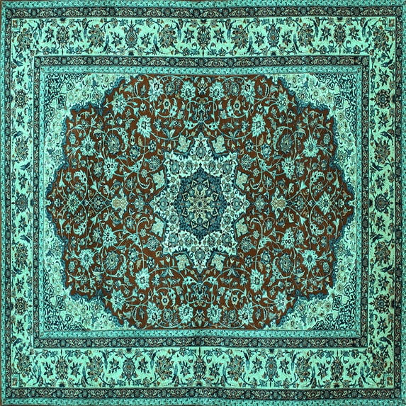 Ahgly Company Machine Washable Indoor Square Medallion Turquoise Blue Traditional Area Rugs, 5' Square