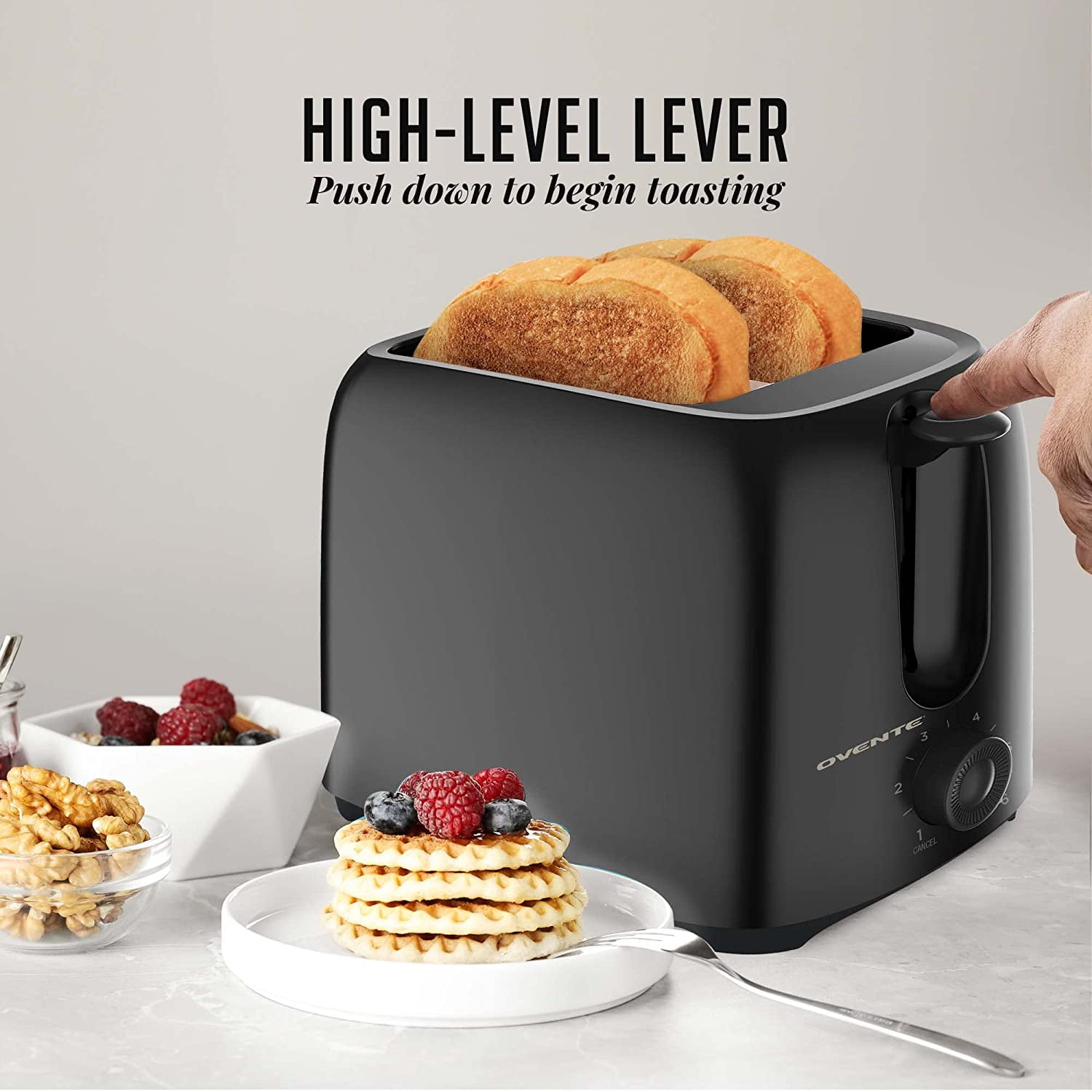Electric 2 Slice Toaster Machine with 6-Shade Browning Selector Setting, Compact Design and Removable Crumb Tray, 700W Power Perfect for Toasting Bread, Thin Bals and Waffles, Black TP2210B