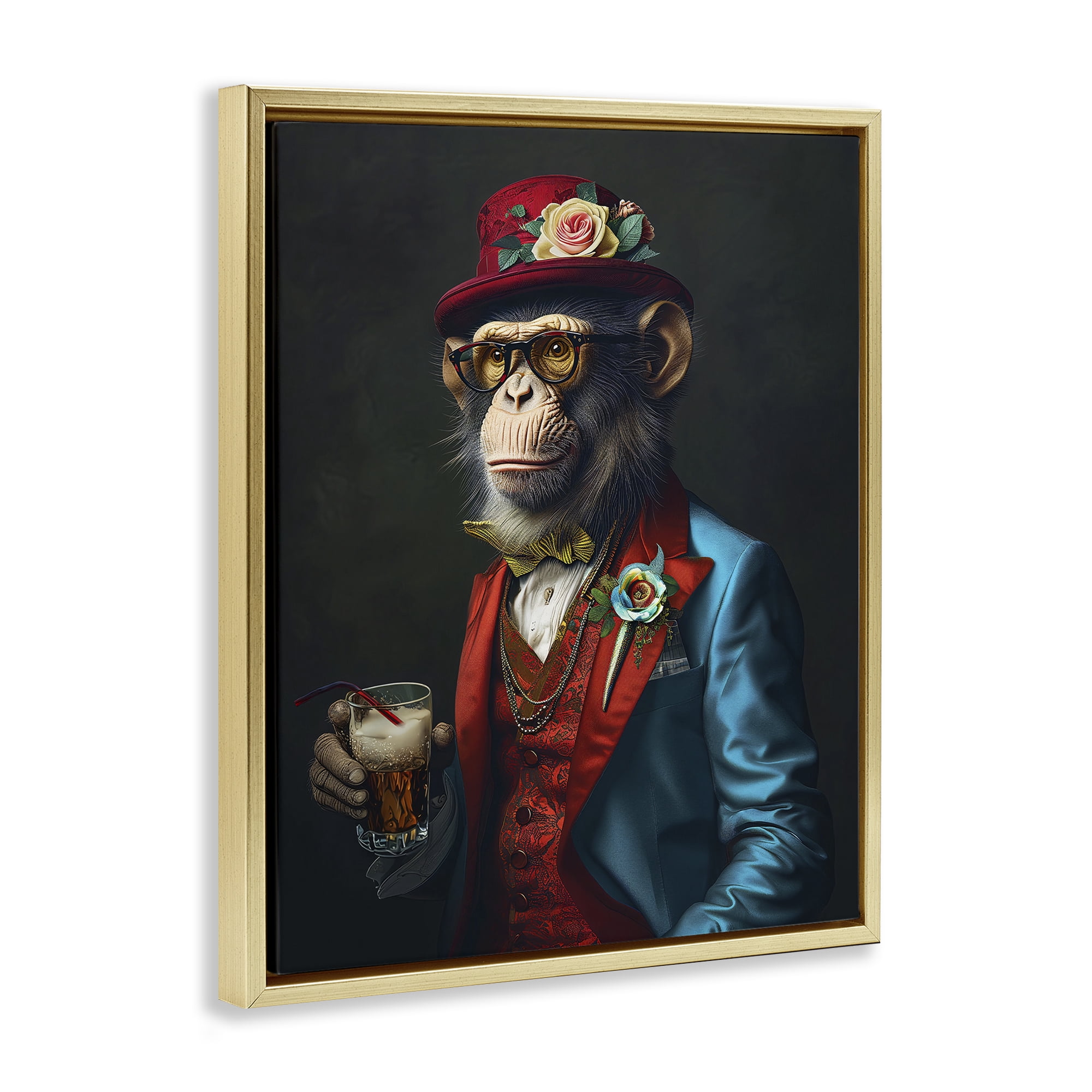 Stupell Industries Monkey with Fancy Outfit Animals & Insects Painting Gold Floater Framed Canvas Art Print Wall Art, 25 x 31