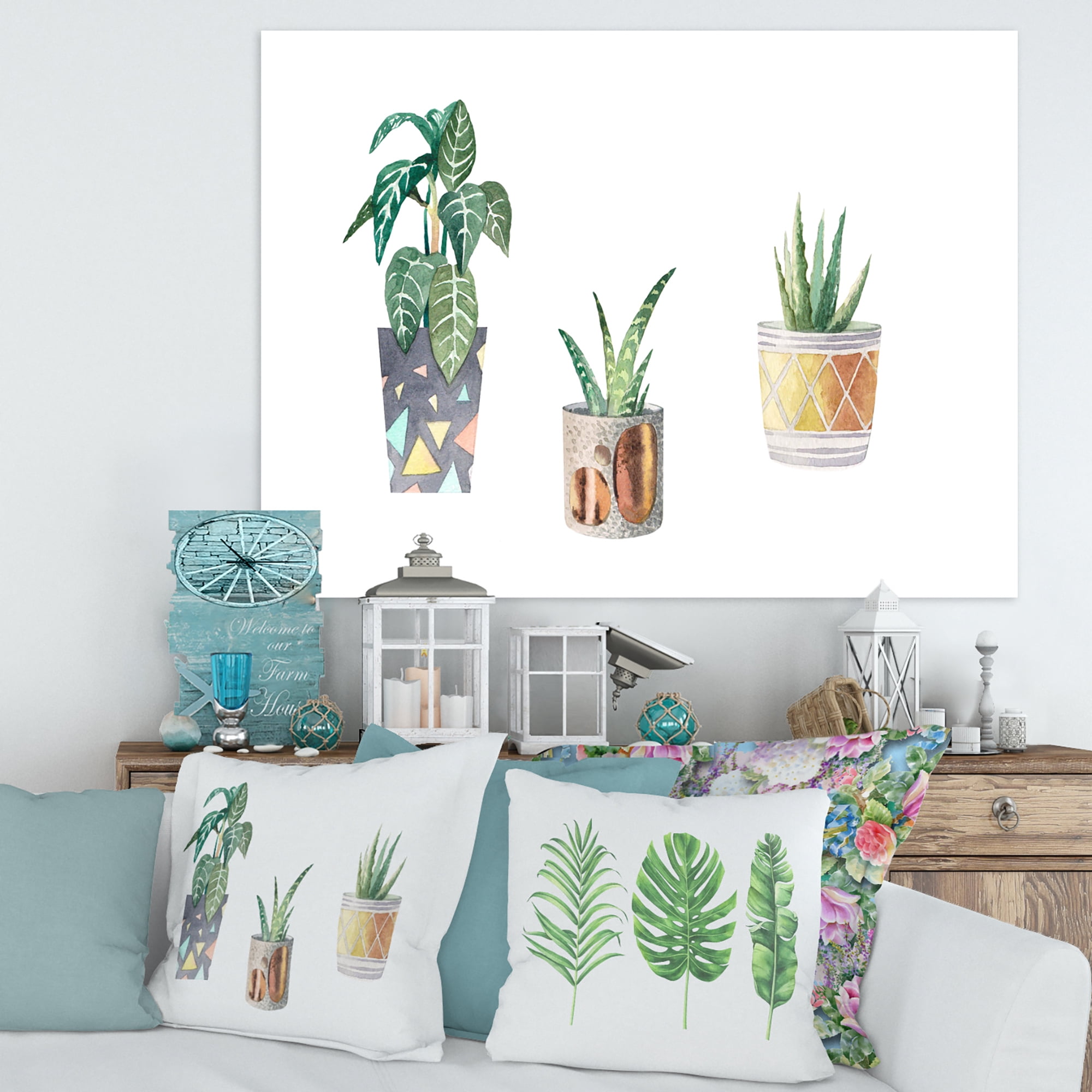 Designart ' Three Potted Houseplants On White ' Traditional Canvas Wall Art Print