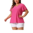 thumbnail image 4 of Blusa de manga acampanada de talla grande para mujer Agnes Orinda, escote en V, camiseta hueca de primavera y verano, 2X, rosa intenso, 4 of 5