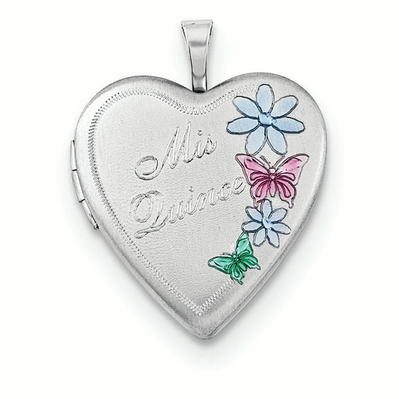 Sterling Silver Satin Enameled Mis Quince Butterfly Heart Locket