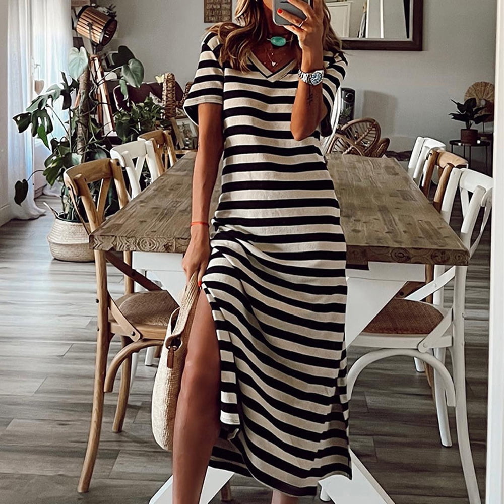 Dress Long Black White Striped Side Slit Design V Neck Casual Comfortable Women Dress Black M Walmart