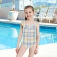 thumbnail image 4 of Girls Ruffle One Piece Swimsuit, Stretchy Fabric for Beach & Pool Activities Pale Blue-and-yellow Tartan, 4 of 8