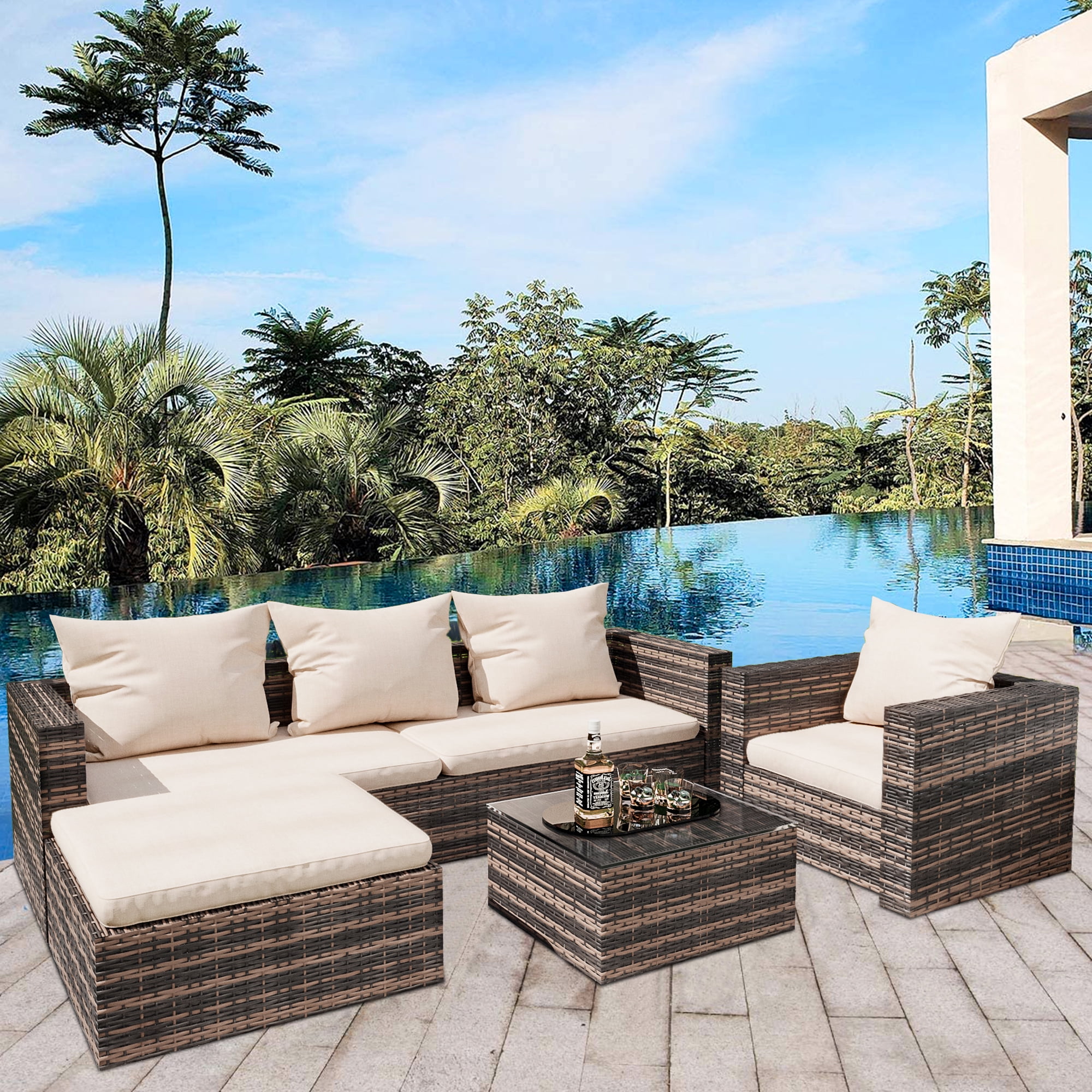 Juego de Sofas de Ratan Muebles de Patio de 4 Piezas con Mesa de Vidrio Resistentes al Clima B626 Walmart