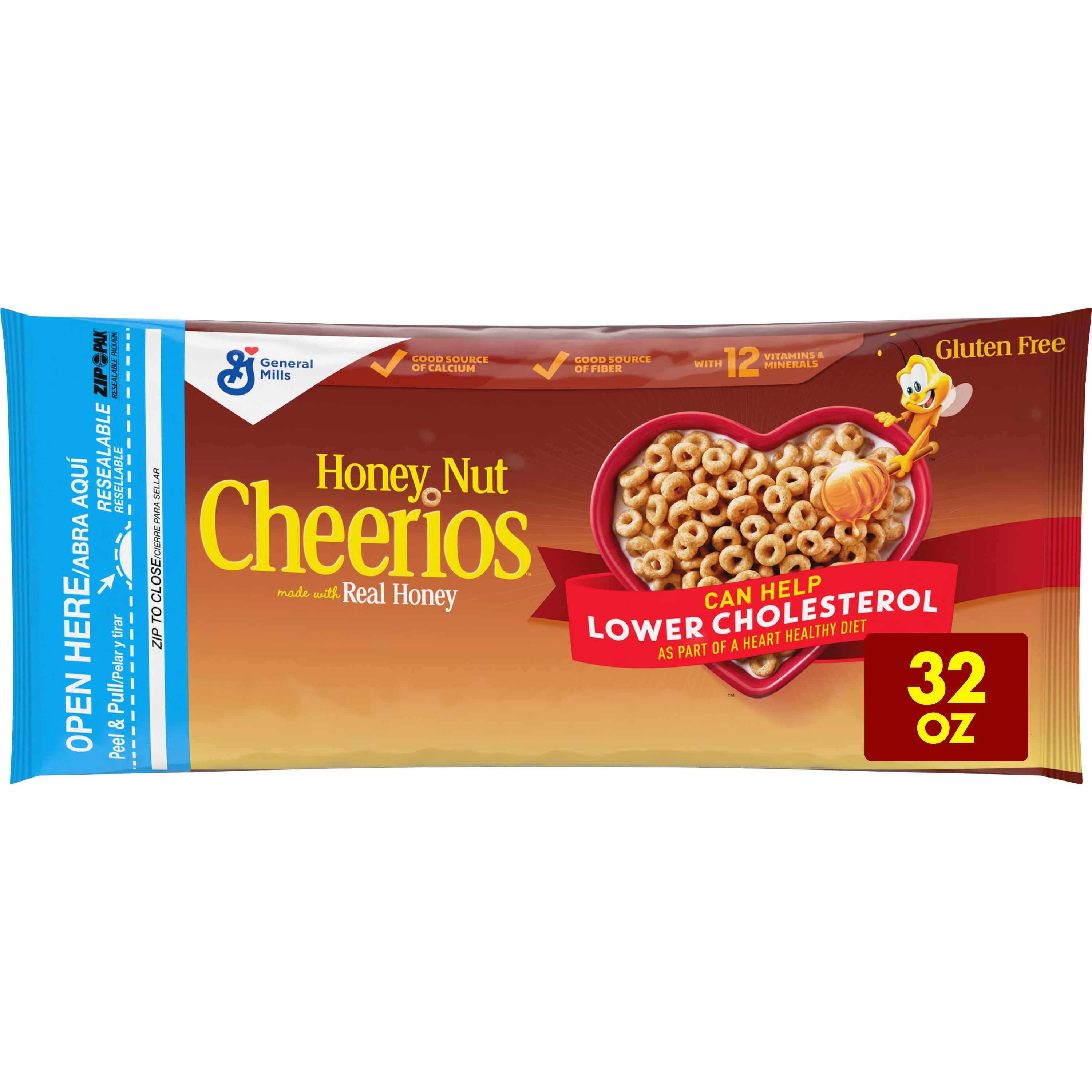 Honey Nut Cheerios, Heart Healthy Gluten Free Breakfast Cereal, Resealable Bag, 32 oz