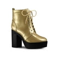 thumbnail image 1 of Unique Bargains Bottes de Combat Western à Plateforme à Lacets à Talon Épais pour Femme Or (Taille 9), 1 of 6