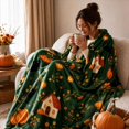 thumbnail image 3 of Halloween Throw Blanket, Soft Plush Fleece Cozy Throw Blanket, Dark Green Pumpkin Ho Black Cat Lantern Floral Sign Blanket, Holiday Decor for Halloween Party Sofa Bed Living Room Indoor,71x79Inch, 3 of 4