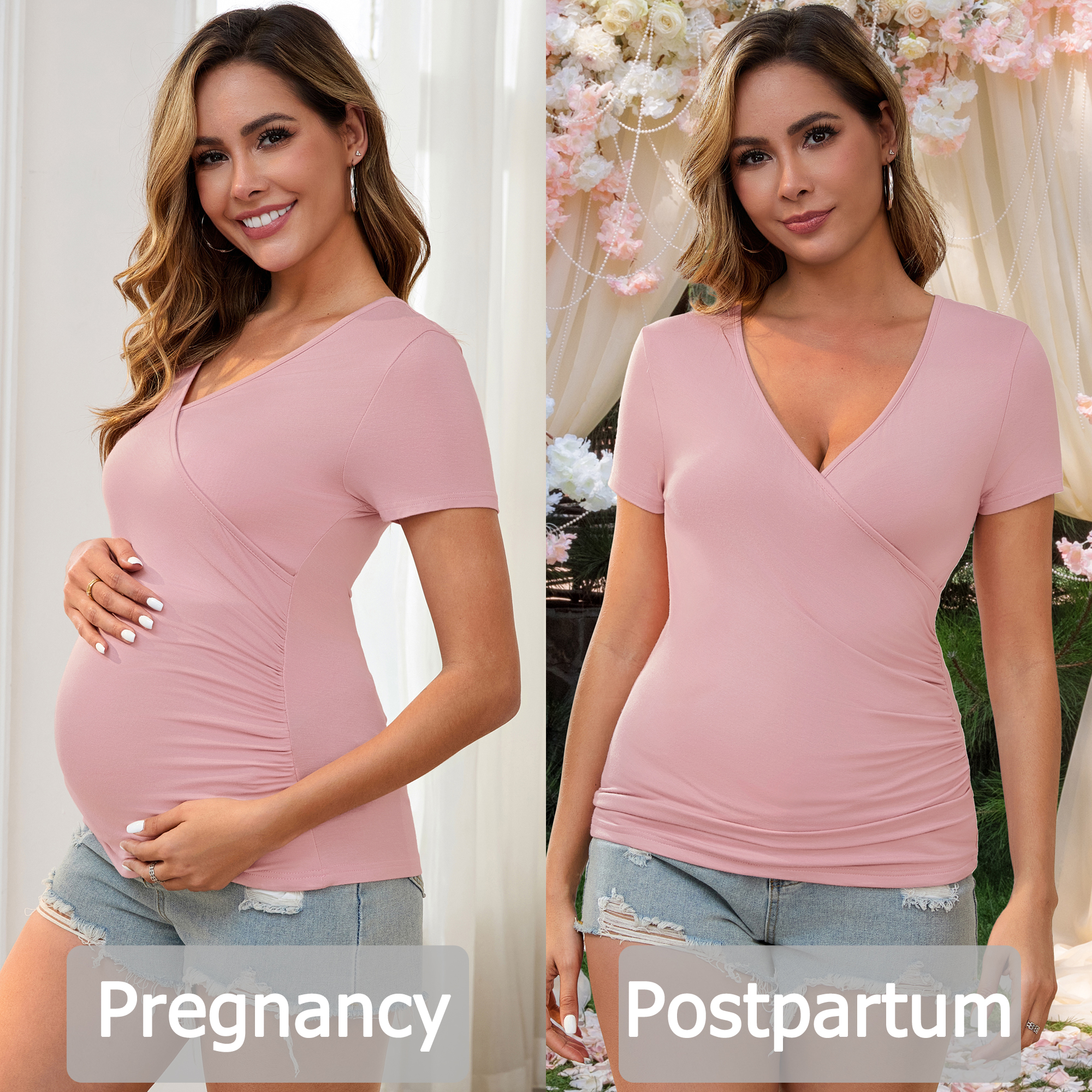 DARING DIVA Women's 2 Packs Ruched V Neck Maternity Nursing Blouse M Black&Pink