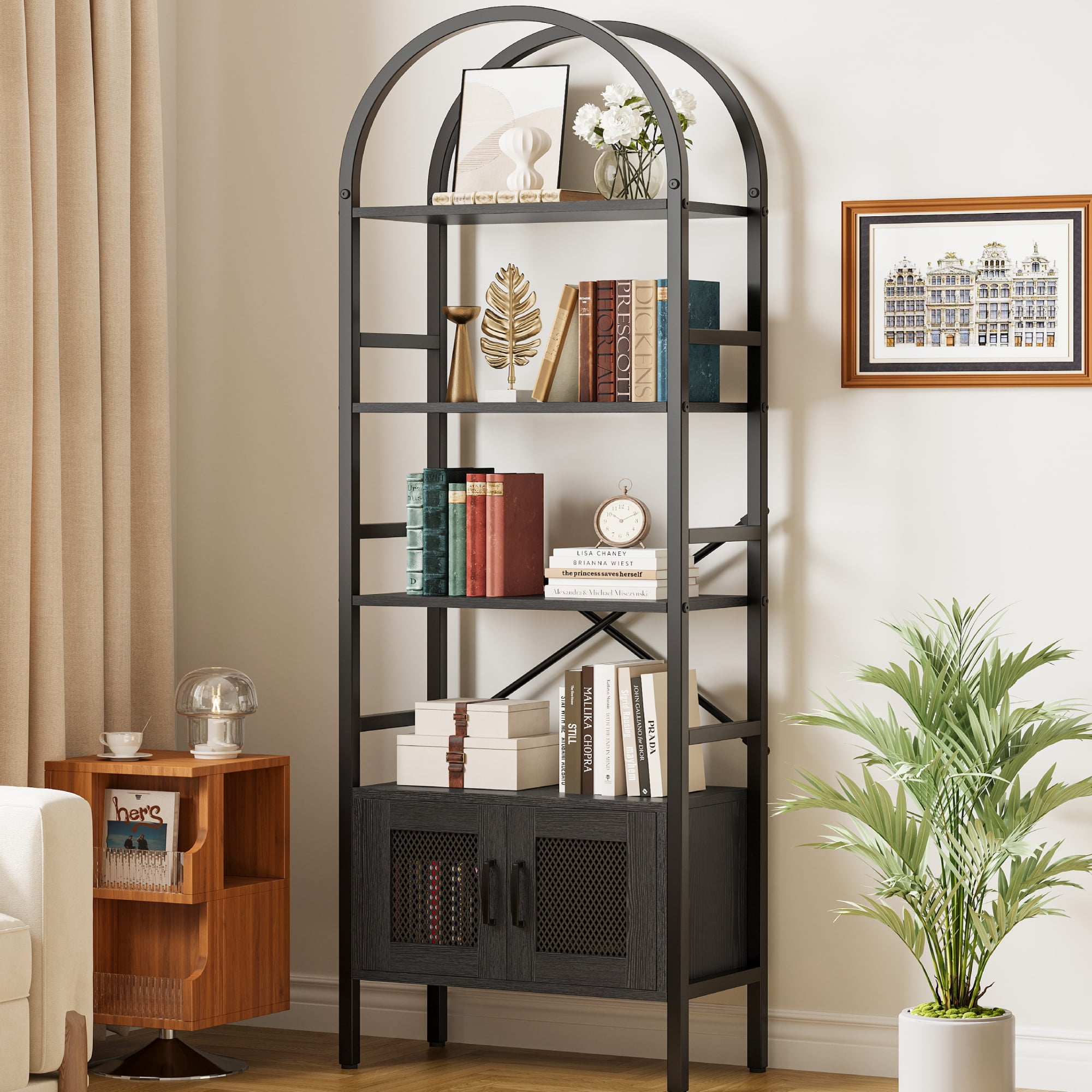 IRONCK 70.3" Tall Arched Bookshelf, 4-Tier Open Display Bookcases with Door Cabinet, Industrial Style Metal Storage Rack, Black
