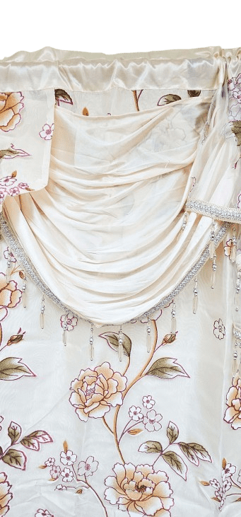 2 Piece Daniela Printed Flowers Luxury Jacquard Attached Valance with Long Crystals Beads and Tassels Window Curtain (54 inches wide x 84 inches long)