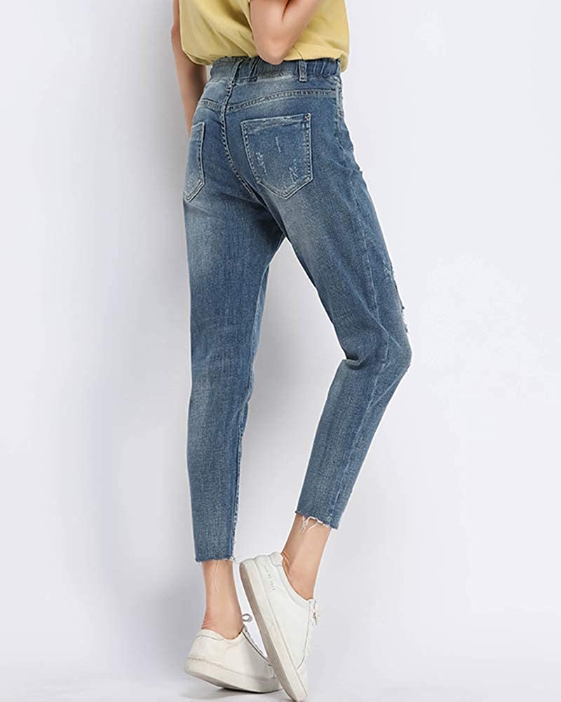 Women Pull on Distressed Denim Joggers 
