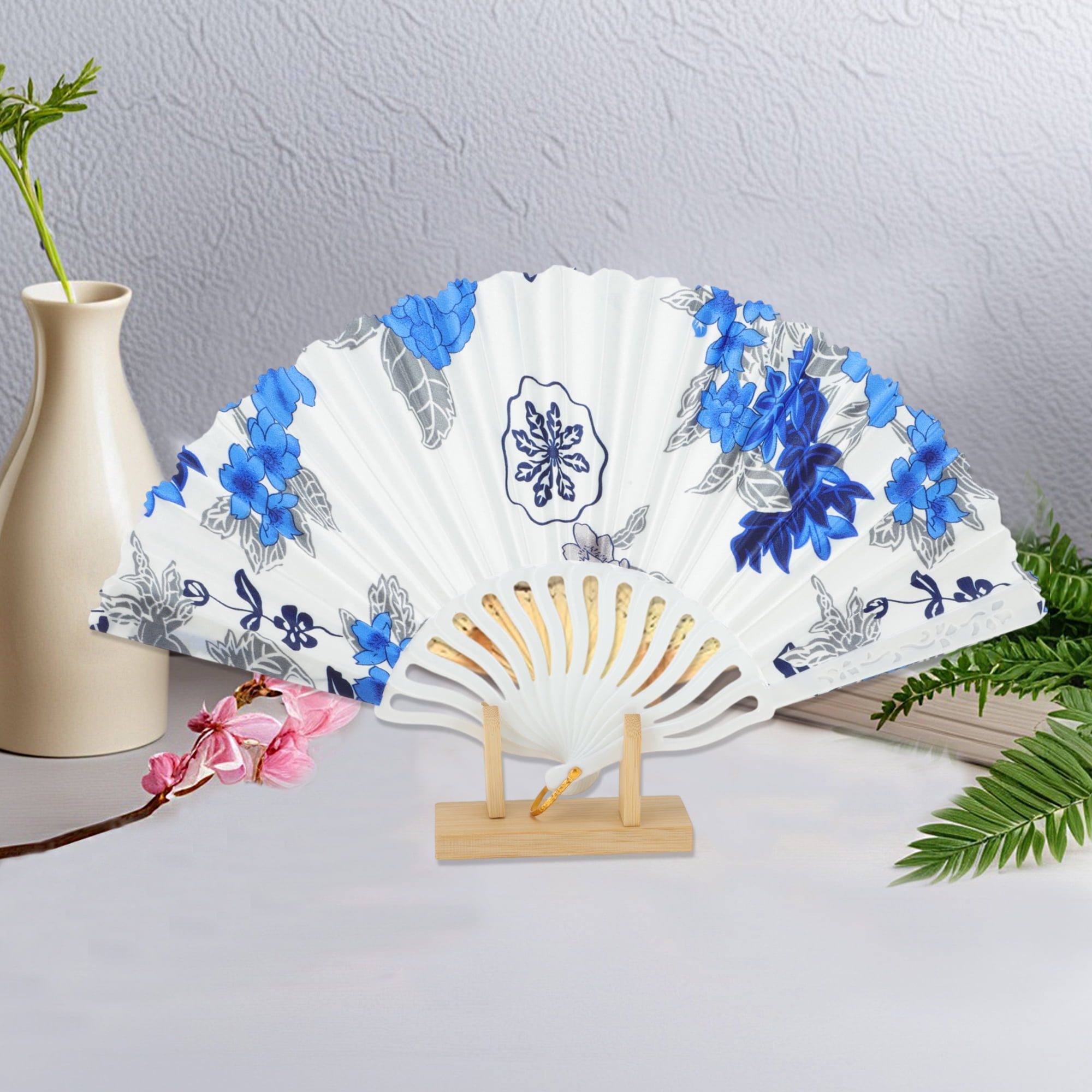 Unique Bargains Elegant Floral Design Folding Hand Fan Blue
