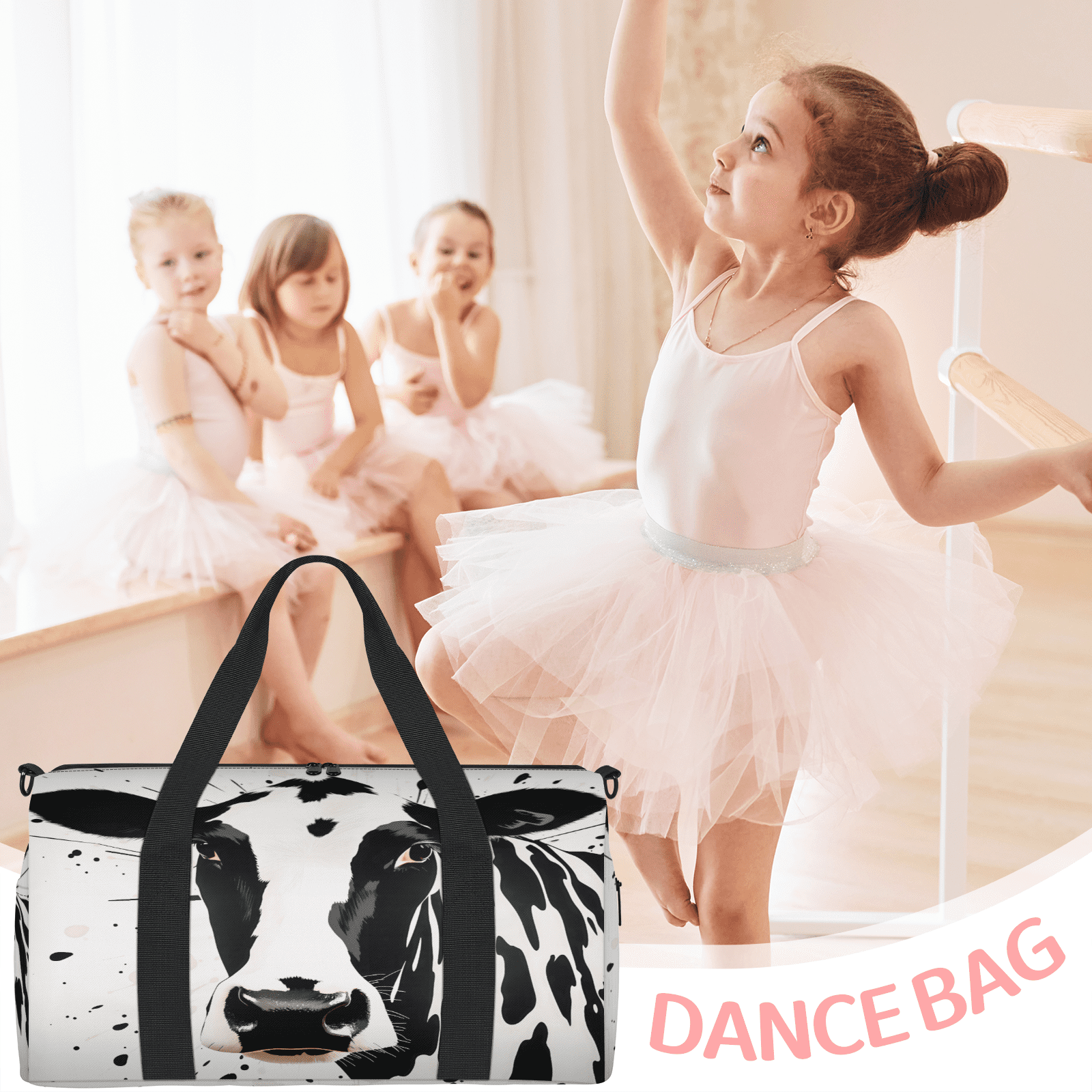 Herdesigns Black Cow Print Travel Duffle Bag Sports Yoga Weekender Overnight Carry on Workout Bags Lightweight Waterproof Gym Tote Bag for Women