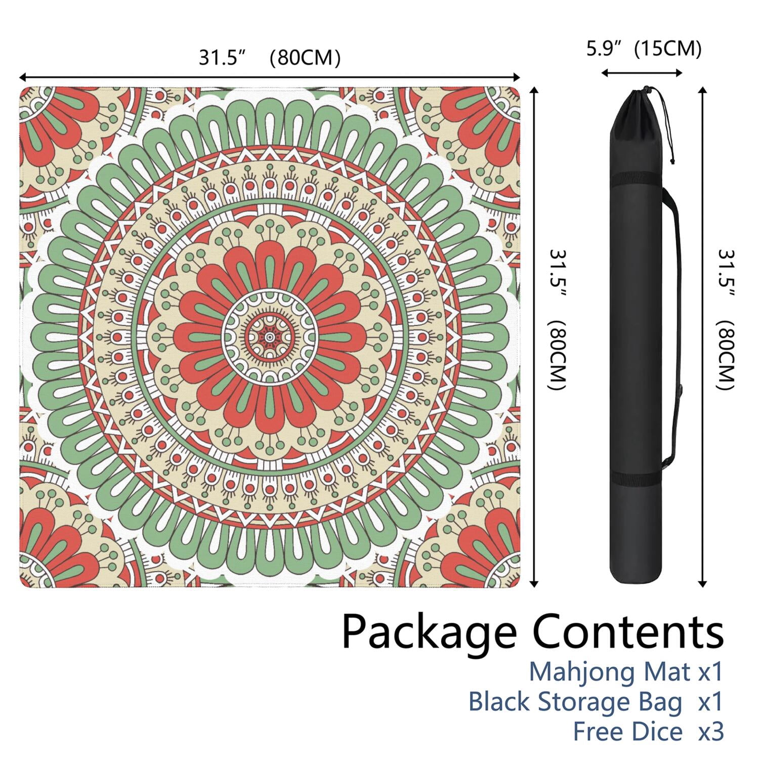 Mandala Mahjong Mat for Table, 31.5*31.5in Anti Slip American Mahjong Table Cloth, Noise Reduction, Neoprene Mah jongg Mat with Carrying Bag & 3 Dices, Mahjong Accessories Gift, Board Tile Games Mats