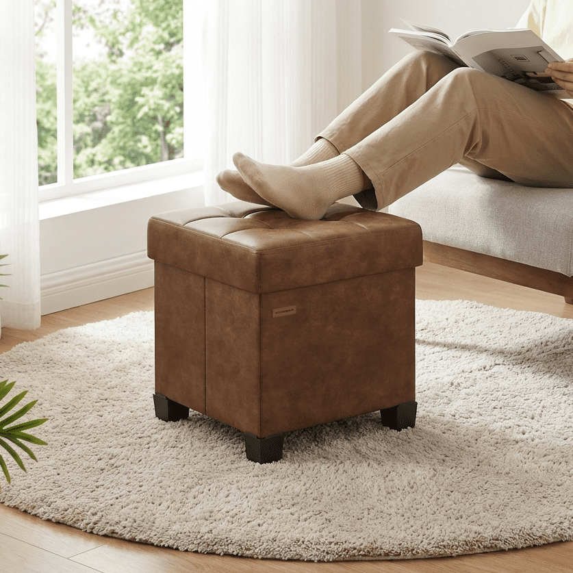 LEDREM 15" Ottoman Storage Bench, Foldable Footstool 660 lb Capacity with 10 Gallon Storage, Synthetic Leather, Coffee Brown