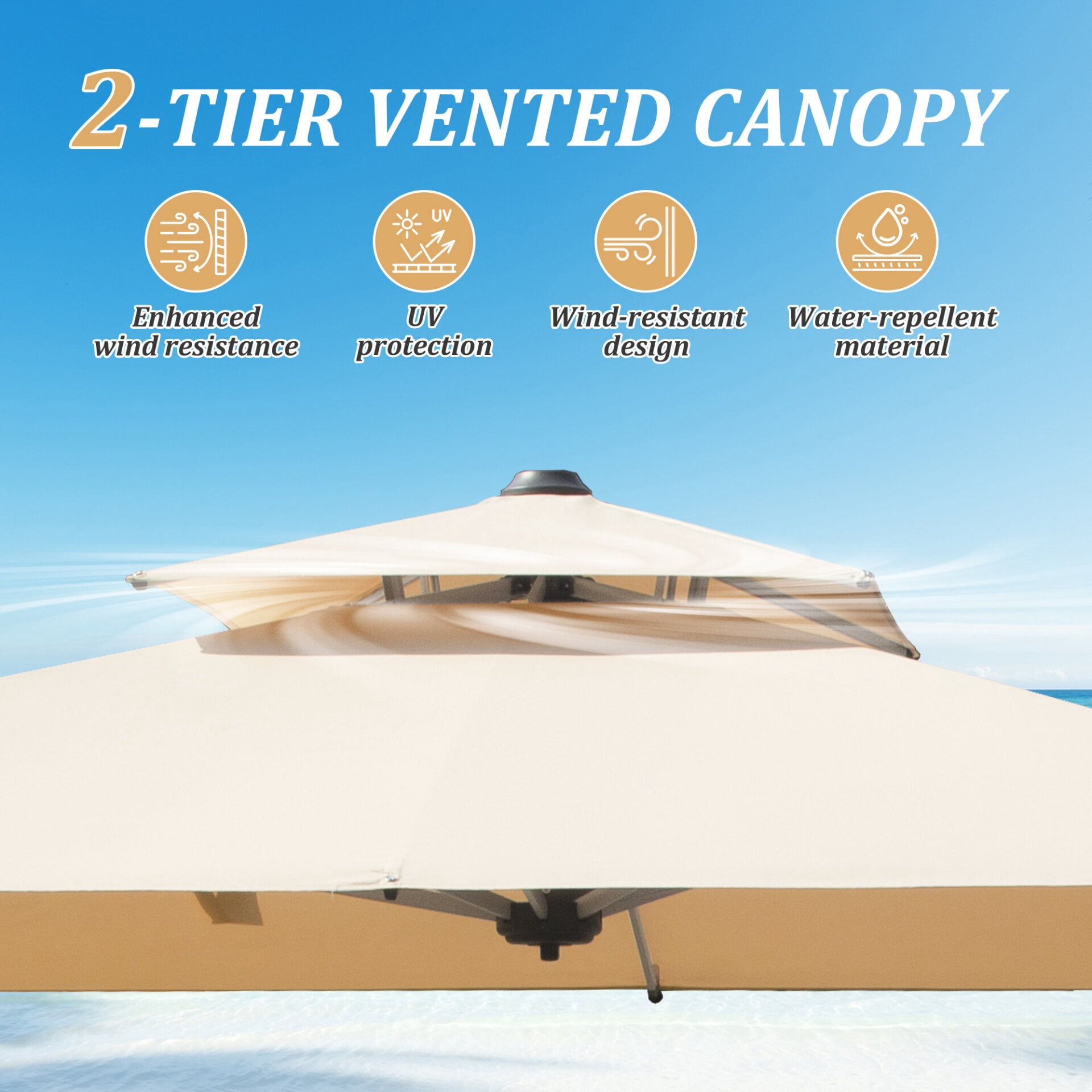 9'X9' Adjustment Square Cantilever Umbrella with Center Pole, 360° Rotation Patio Umbrella with Sun Protection, 2-Tier Aluminum Offset Outdoor Umbrella for Backyard, Pool, Beige
