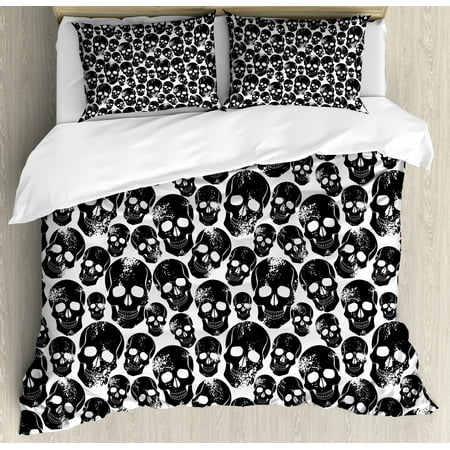 Black And White Skull Bedding Gothic Duvet Cover Set, Grunge Black Human Skulls on White Backdrop Evil Men Fear Horror Death Skeleton, Decorative Bedding Set with Pillow Shams, Black White, by Ambesonne ()