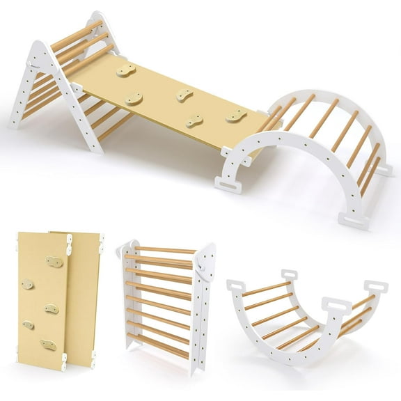 7 in 1 Montessori Pikler Triangle Set,Foldable Climbing Triangle Ladder Toys,Montessori Climber with Ramp,Wooden Climbing Toys for Toddlers Inside with Ramp, Arch and Ladder