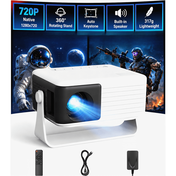 CocoBear Y3 Mini Projector, Native 720P, 360° Rotating Stand, Auto Keystone, Portable Movie Projector with HDMI USB, Compatible with iPhone, Android, PS5, Xbox, Switch, Black