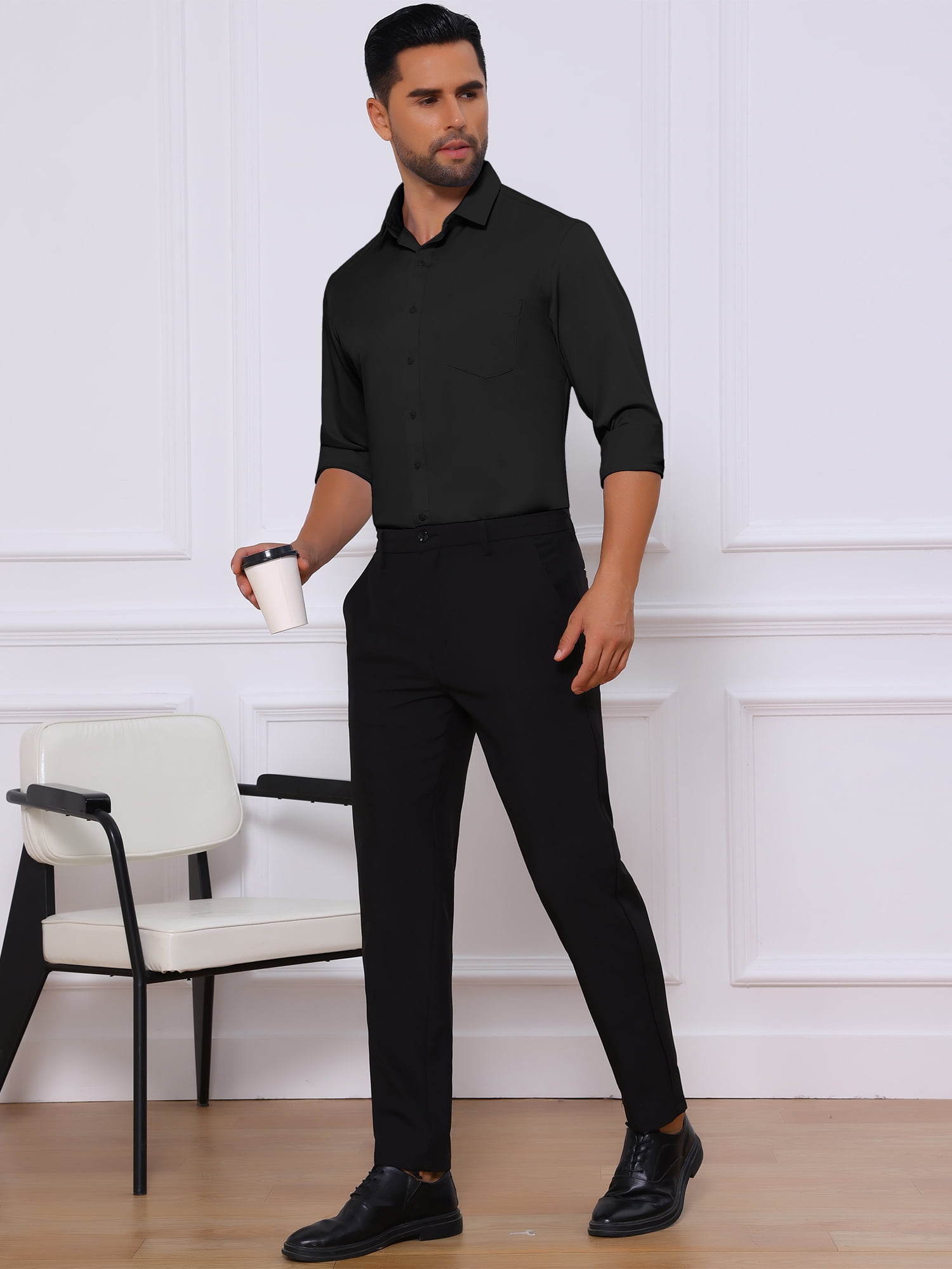 DARING DIVA Men's Point Collar Button Long Sleeve Business Shirts 2XL Black