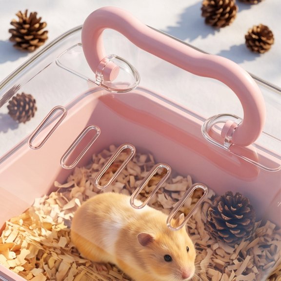 Portable Clear Hamster Cage with Carrying Handle, Deluxe Panoramic Habitat for Syrian Dwarf Hamsters Gerbils Mice, Ventilated Travel Carrier with Water Bottle, ABS Plastic Material