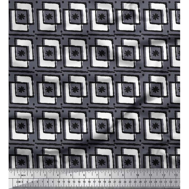 Soimoi Rayon Fabric Square & Floral Block Print Fabric by The Yard 42 Inch Wide