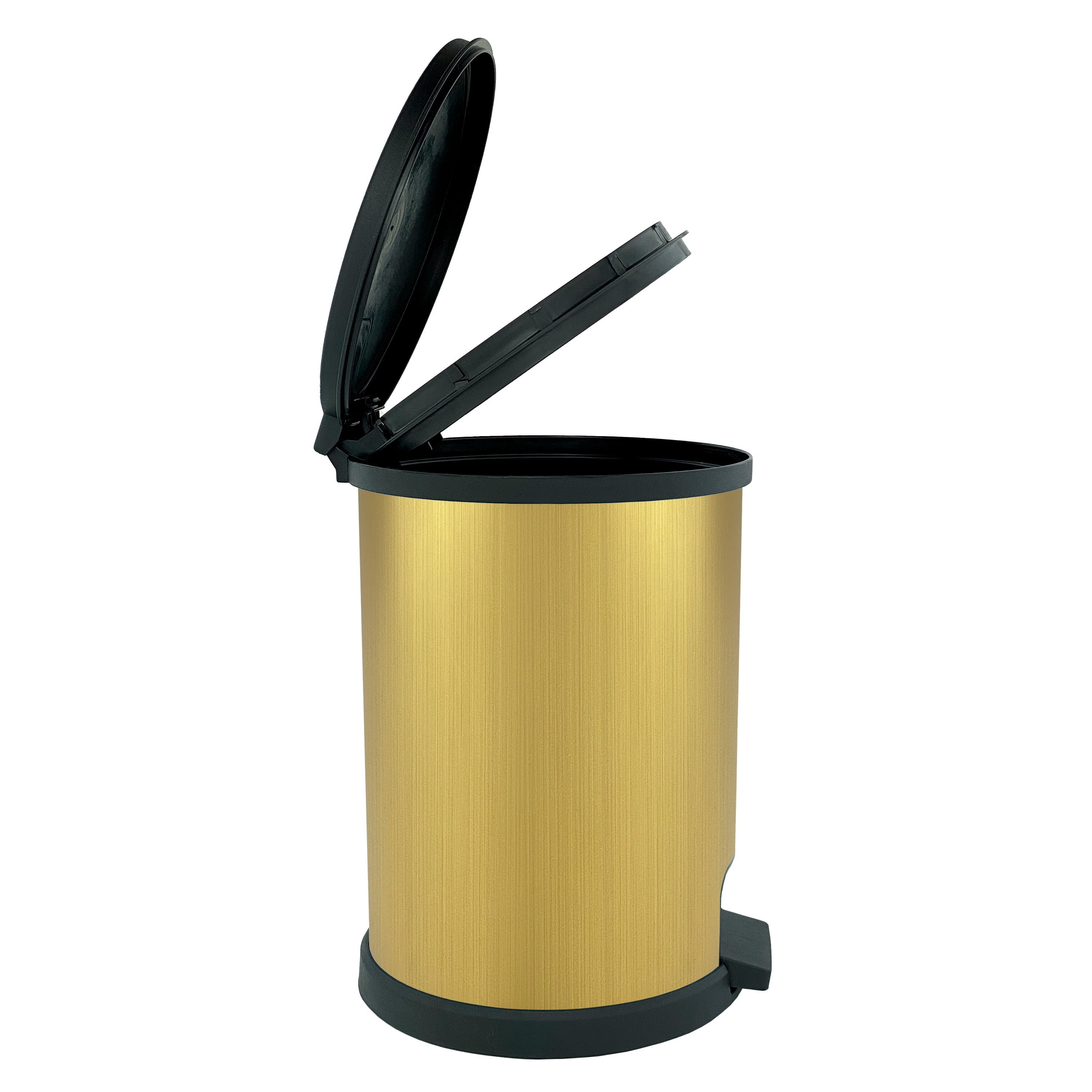 Mainstays 1.5 Gallon Trash Can. Plastic Round Step Bathroom Trash Can, Stainless Gold