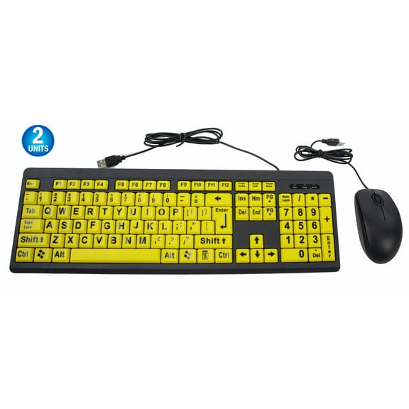 2 Big Bright Easy See Keyboard & Mouse - High Contrast Yellow with Oversized Black Letters - Ideal for Seniors, Visually Impaired or Bad Vision Users - USB Qwerty Keyboard with Large Print Keys