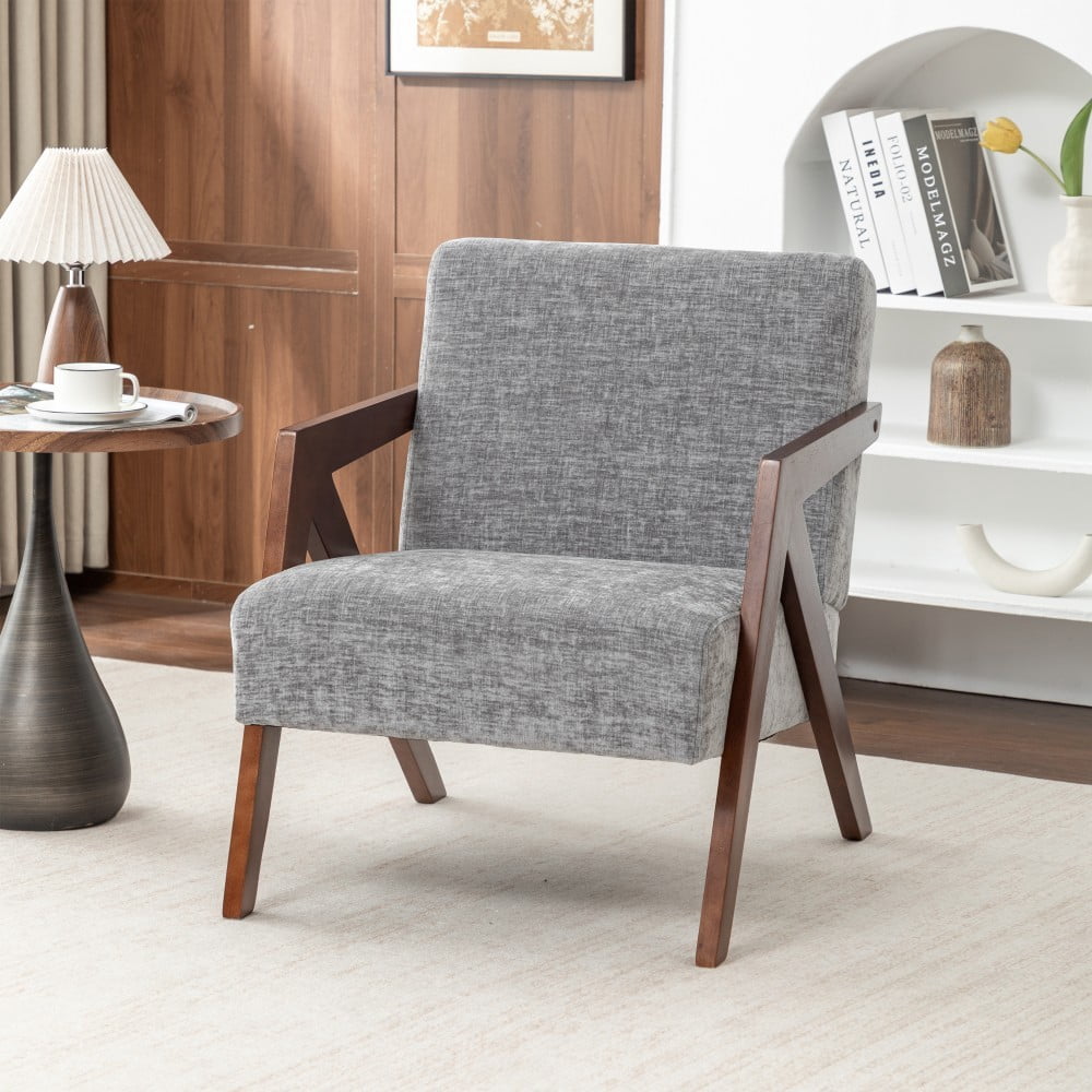 Mid Century Modern Accent Chair, Upholstered Reading Armchair with Rubber Wood Frame, Soft Fabric, Curved Arms for Living Room, Bedroom & Office, Light Gray