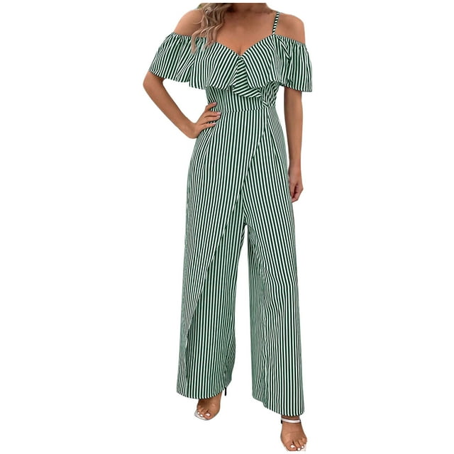 biudgviw Jumpsuits for Women off the Shoulder Ruffle Boho Vacation One Piece Wide Leg Palazzo Pants Rompers Striped Date Night Outfits