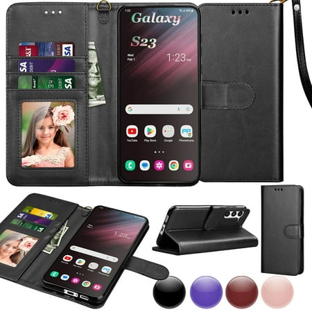 Galaxy S23 Case, Samsung Galaxy S23 Wallet Case, Galaxy S23 Leather Case, Njjex PU Leather Folio Flip Cover Magnetic Closure TPU Shockproof Protective Case Kickstand Strap - Black