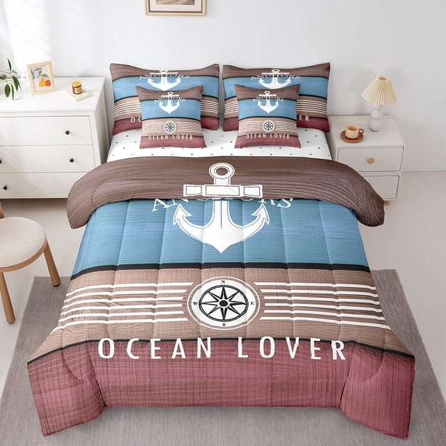 Ship Anchor Bed in a Bag Queen Comforter Set 7 Piece,Ocean Nautical Bedding Set Wheel Compass Sheet Set with Comforter,Rustic Vintage Rust Red Blue Wood Plank Bed Set