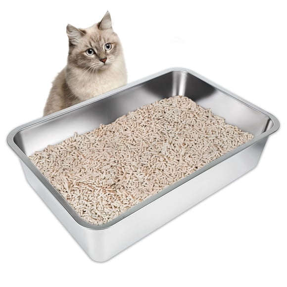 IKITCHEN Stainless Steel Cat Litter Box, Metal Cat Litter Tray with Anti-Slip Rubber Bottom, Kitty Litter Pan 23.5" L x 15.5" W x 6" H, Non Stick, Non Odor Absorbing, Easy C