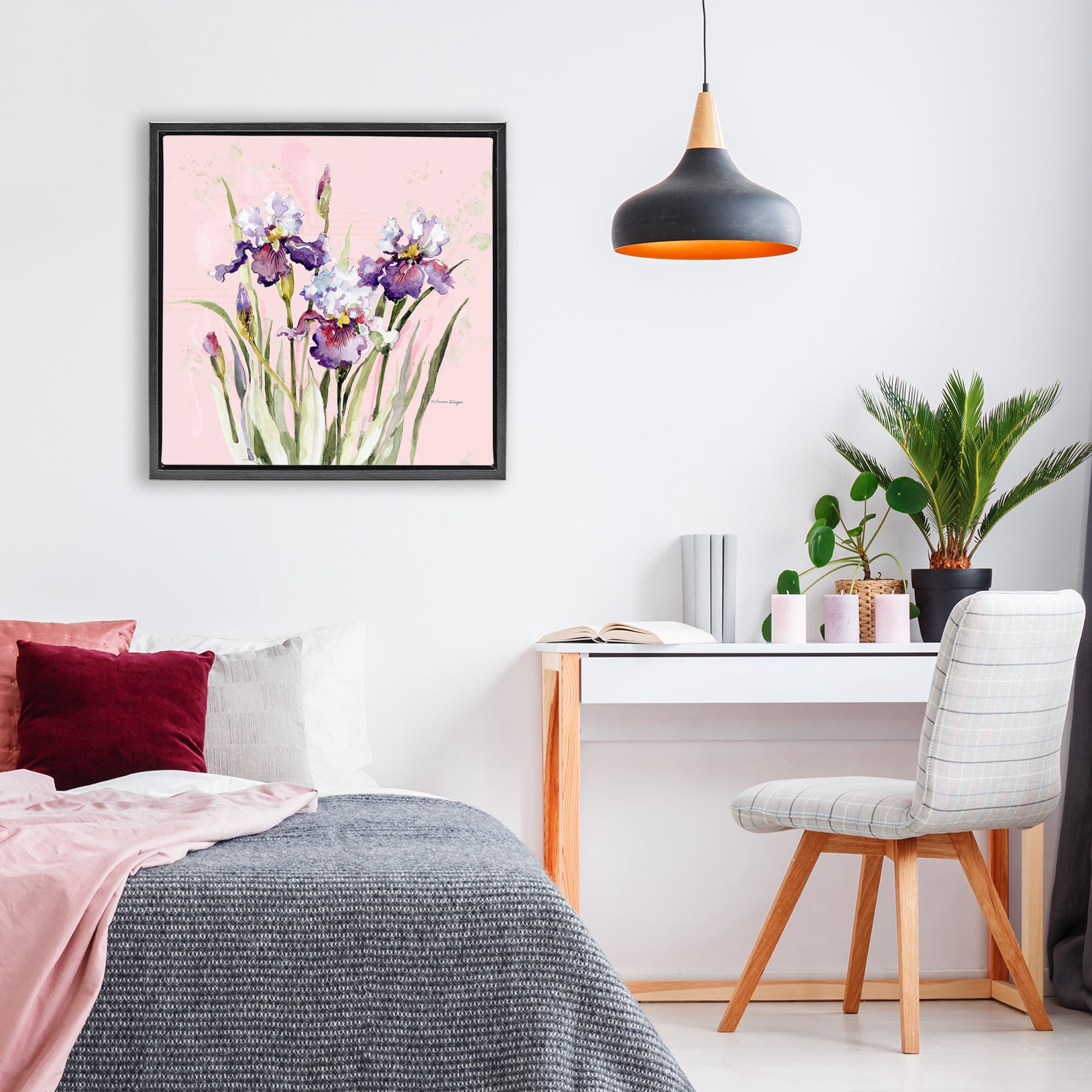 Stupell Industries Purple Irises on Pink Black Framed Floater Canvas Wall Art, design by Susan Winget