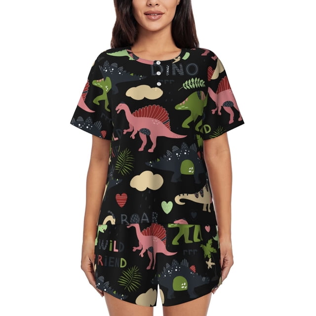 Balery Cute Dinosaurs Conjunto de Pijama para Mujer con Estampado, Dos Piezas de Manga Corta y Shorts, Ropa de Dormir Suave con Cuello Redondo y Bolsillos-Medium