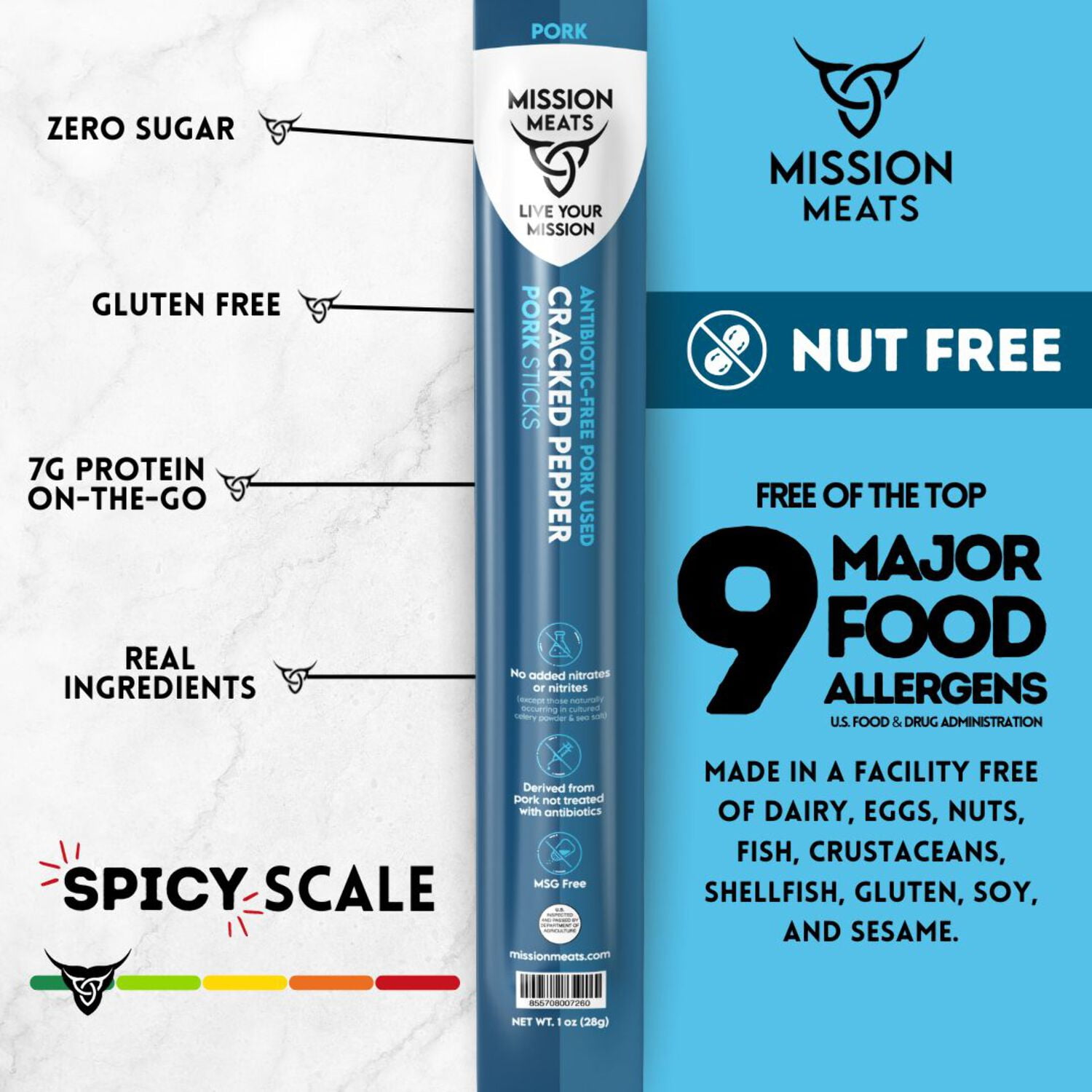 Mission Meats Cracked Pepper Pork Meat Sticks – Healthy Snacks for Kids & Adults, Sugar Free, AIP Friendly, Paleo, Whole 30, 1oz (Pack of 12)