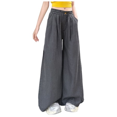 Gvdentm Kids Jeans for Girl 4-16 Girls Elastic Waist Thin Cotton Denim Pants Wide Leg Baggy Trousers Cute Summer Straight Cropped Pant(Dark Gray 13-15 Years)