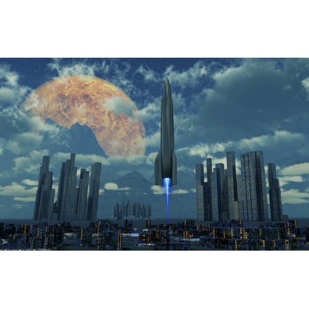 A rocket launching from a futuristic city on an alien binary world Poster Print by Mark StevensonStocktrek