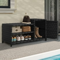 ModFusion Outdoor Rattan Storage Bench with Seat, Shoe Ottoman for Patio, Entryway or Garden, Black