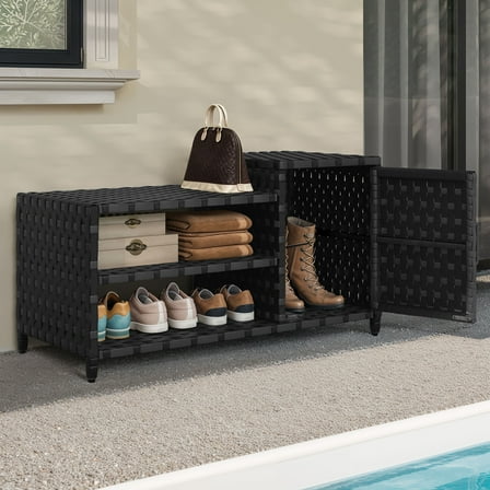 ModFusion Outdoor Rattan Storage Bench with Seat, Shoe Ottoman for Patio, Entryway or Garden, Black