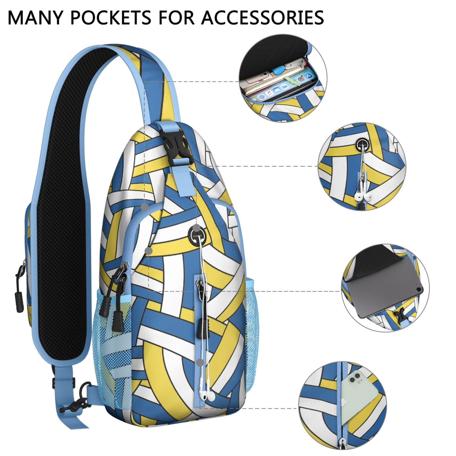 Sports Print Sling Backpack with Baseball, Football, and Soccer Themes – Water-Resistant Crossbody Bag with Anti-Theft Pocket, Large Storage Compartments, Adjustable Strap